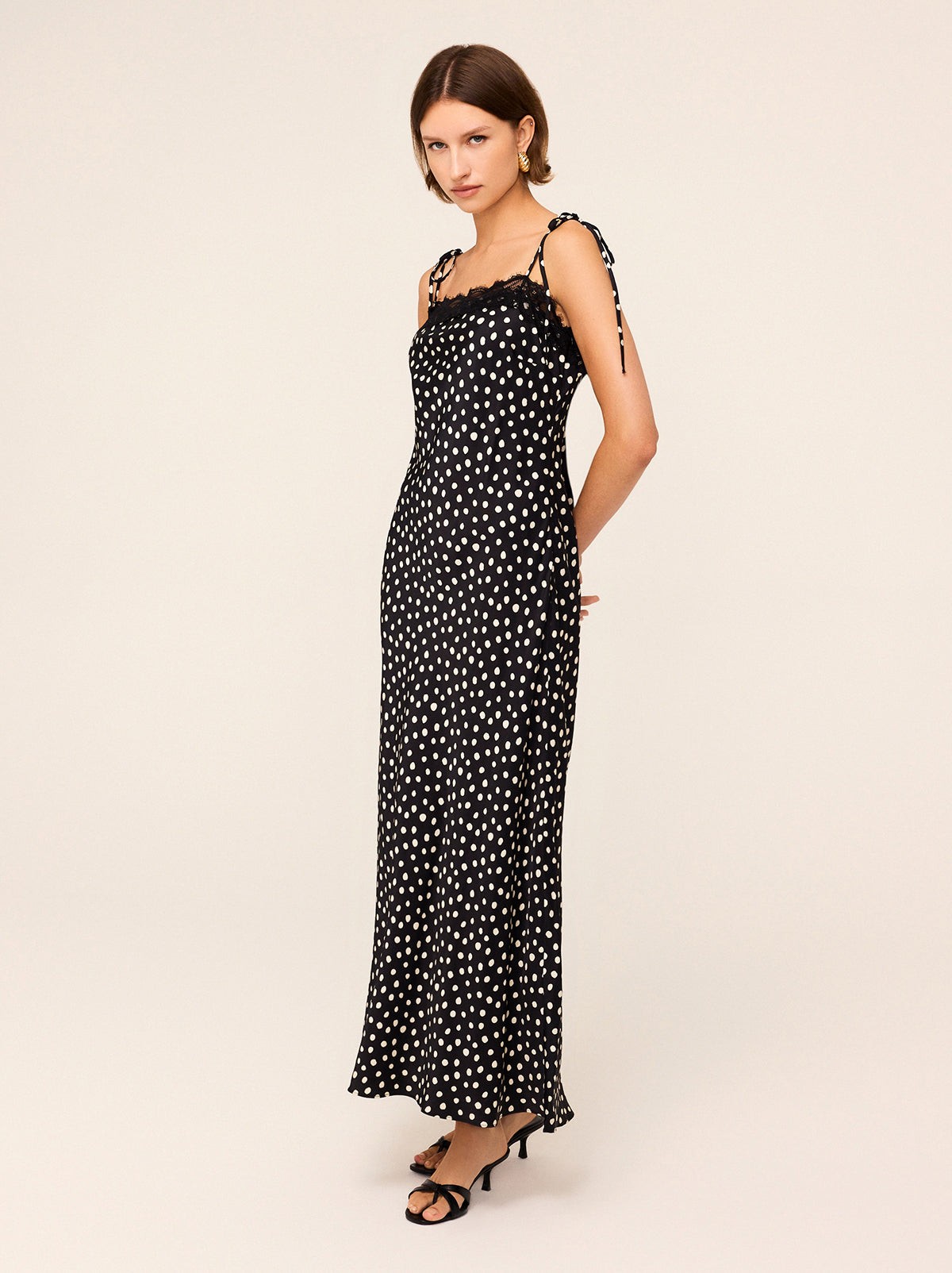 Venetia Black Polka Dot Print Lace Trim Maxi Dress view 4